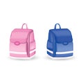 Briefcase for school children. Pink briefcase for a girl and blue for a boy. The design of school subjects.